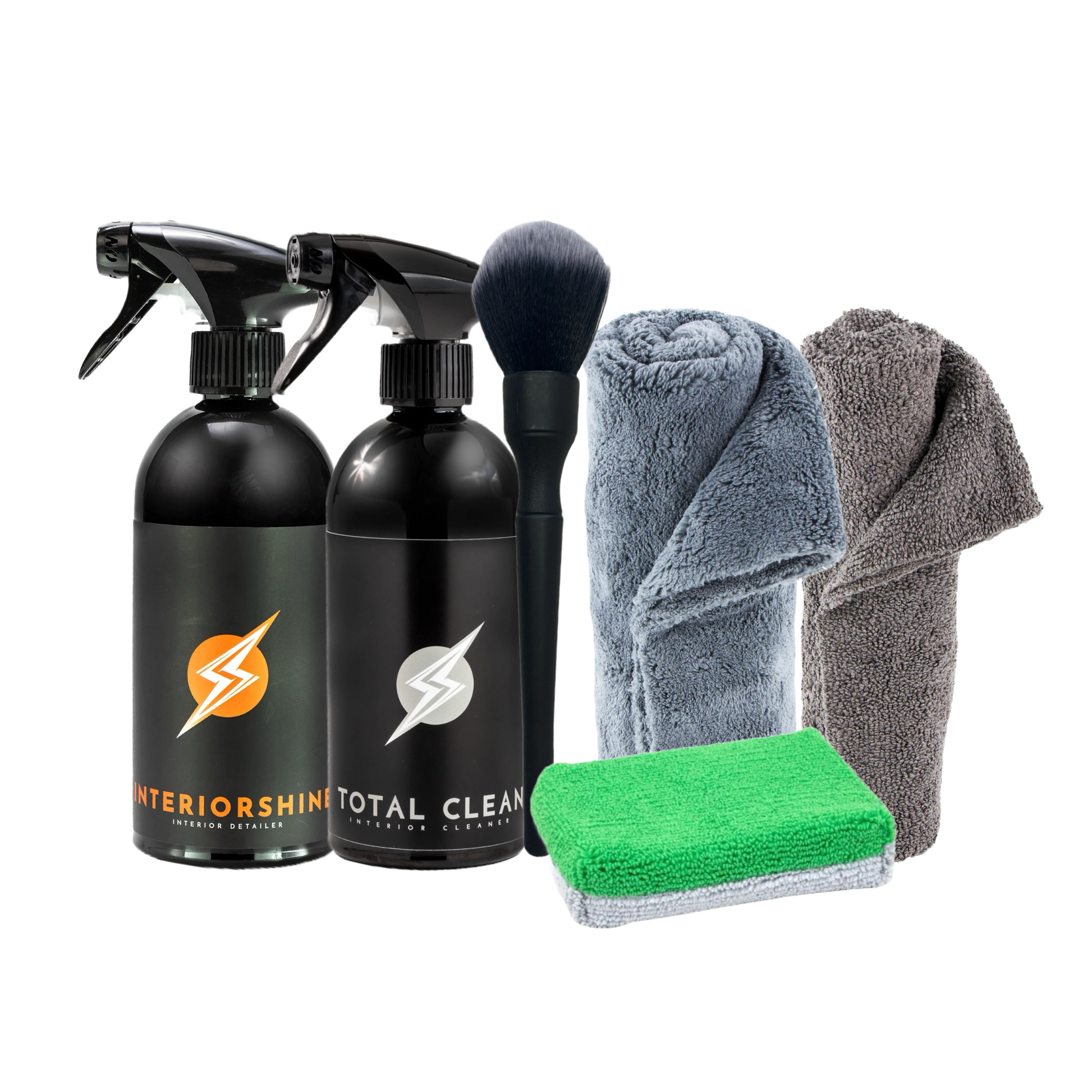 Auto Innenreinigungs und Pflege Set mit TOTAL CLEAN Innenraumreiniger, INTERIORSHINE Kunststoffpflege, Mikrofasertüchern, Applikator und Detailing Pinsel
